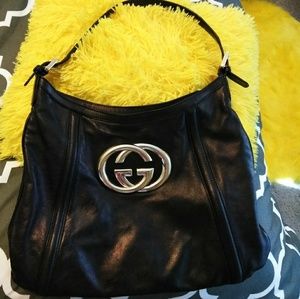 100% Gucci Britt Black  Leather w/GG Logo Hobo Bag
